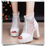 2020 Sexy Cutout Women Sandals Mesh Lace Square High Heel Summer Shoes Woman Pumps Crystal Peep toe Gladiator Sandals After