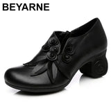 2020 National Wind Women Shoes Genuine Leather High Heel Shoes Round Toe Thick Heel Shoes Business Work Shoes