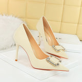 Breakj Fashion Banquet High Heels Fine Heel Shallow Pointed Satin Metal Water Diamond Buckle Single Shoe