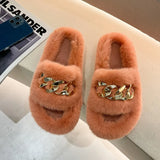 Fluffy Women slippers Gold Chain Fur slippers Shoes Women Fox Fur Flip Flop Flat Furry Fur Slides Outdoor Sandals