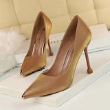 Breakj Fashion Banquet Women's Shoes With High Heel Satin Shallow Metal Pointed Sexy Show Thin Single