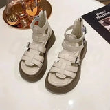 Sandals Woman Leather Low-heeled PU Rome Slides Fabric Hoof Heels Rubber Low Sandals Woman Leather Low-heeled Slides