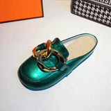 Women Slipper Low Heels Casual Slides Flip Flop Round Toe New Arrival Brand Design Gold Chain Closed Slip On Shoes