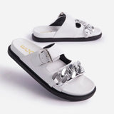 Summer Women Metal Chains Slipper Open Toe Runway Ladies Green Black White Med Heel Slides Shoes Peep Toe