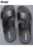 Summer New Fashion Men Shoes Vintage Real Leather Non-slip Beach Slip-On Sandals Travel Flip Flop Slippers Black