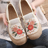 Flower Embroidered Women Handmade Linen Cotton Slip On Espadrilles Loafers Comfortable Sneakers Casual Walking Shoes