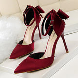 Breakj Korean Version Of Delicate High Heels Satin Hollow Shallow Mouth Tip With Hollow Bow Female