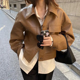 Spring New Women Faux Leather Jacket Vintage Turn-down Collar Loose Street Outerwear Female Elegant PU Leather
