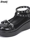 Great Quality Lolita Cosplay Black Pink Wedges Pumps Platform Heart Women Mary Janes Buckle Strap Gothic Shoes