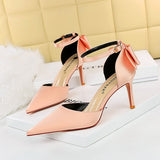 Breakj Korean Version Of Delicate High Heels Satin Hollow Shallow Mouth Tip With Hollow Bow Female