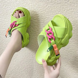 House Slippers Platform Slides Slipers Women Heeled Mules Black Sandals Fashion Lady 2024 High Summer Beige Luxury