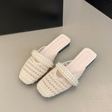 Breakj Version Of Baotou Pearl Half Slippers Women Wear 2025 Summer New One-Legged Lazy Shoes Square Casual Single