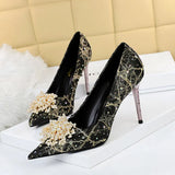 Breakj Sexy Banquet High Heels Fine Heel High Heels Shallow Pointed Pearl Flowers Rhinestone Women's Shoes Single