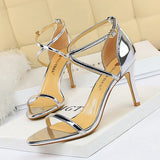 Breakj Fashion Sexy Nightclub Open Toe Metallic Cross Strap Heel High Heel Sandal Women's High