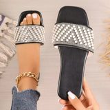 Breakj Version Of The Square Head Type Pearl Flat Slippers Female African Fashion A Foot Pedal Home Slippers Female