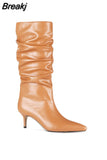 Women Mid-Calf Boots Sexy Solid Color Leather Folds Boots Pointed Toe Thin Heels Stiletto Party Shoes Large Size