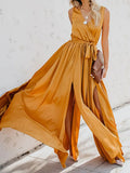 Sexy Wrap V-Neck Office Women's New Solid Sleeveless Long Dress Elegant Ladies Dress Summer Sleeveless Bohemian Beach Chic