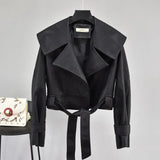 Autumn Women Pu Leather Jackets Short Coat Turndown Collar Belt Lace-up Motorcycle Black Punk Red Overcoat Female