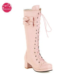 Winter Warm Lolita Boots Cute Girl Bow Cosplay Princess Shoes Cross Tied Side Zip chuncky Thick Knee High Womens Platform