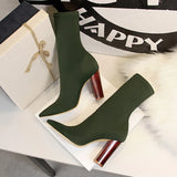 Breakj Fashion Simple Wood Grain With Thick Heel High Heel Pointed Elastic Leka Sexy Nightclub Show Skinny Ankle