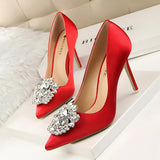 Breakj Korean Version Of Water Diamond Women's Shoes Thin Heel High Heel Sexy Show Thin Shallow Mouth Pointed Shiny Water Diamond With Buckle Single