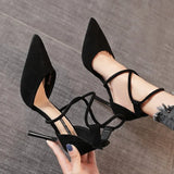 Breakj High Heels Women 2025 Autumn New Word Cross With Roman Sandals Velvet Fine Heel High Heels Women's