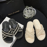 Breakj Bottom Slippers Women 2025 Summer Korean Version Of The New Small Fragrant Wind Cross Pearl Fashion Wearing Loose Cake Cool
