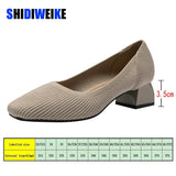Size Women's Square Toe High Heels Mixed Color Casual Breathable Knitted Shoes Square Heel Shoes Zapatos De Mujer