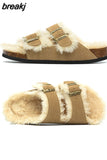 2023 New Fur Inside Cork Slipper Autumn Winter Women Casual Nubuck Leather Outside Men Buckle Soft Plush Slides