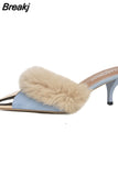 Sexy High Heels Women Fashion Fur Wedding Women Shoes 2023 New Suede Flip Flops Stiletto Pointed Toed Slippers