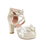 Side Empty High Heels Women Dress Shoes Ankle Strap String Bead Pearl Princess Cosplay Lolita Wedding Pumps Sweet Lace Edge