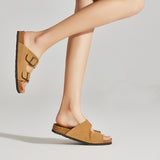 New Summer Beach Holiday Women Cork Slipper Casual Buckle Non-slip Outside Nubuck Leather Slides