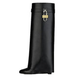 Buckle Women High Knee Boots Large Size High Heels Designer Shoes British Style Denim Wedges Knight Boots For Women