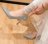 Pointed Stiletto High Heels Shoes Sexy silver sequins Shallow Mouth Single Shoes Women's Work Dress Shoes High Heel