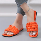 Fashion Design Weave Soft Slippers Women Summer 2023 Square Toe Flat Sandals Woman Plus Size Outdoor Beach Shoes