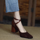And Autumn New High Heels Female Suede Retro Square Head Thick With Cross Buckle Belt Korean Version Of Shallow Mouth Mary Jane Single Shoes