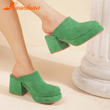 Fashion Brand Women Slippers 2023 Chunky High Heels Suede Platform Sandals European Style Office Daily Lady Sandals