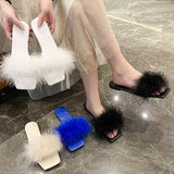 Blue Summer Flat Fur Slipper Women 2023 Soft Bottom Non Slip Slides Shoes Woman Fashion Square Toe Fluffy