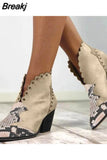 Fashion Women's Autumn and Winter Lace PU Leather Cowboy Ankle Boots Rivets Women's High Heels Ankle Boots Snake