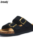 New Summer Beach Holiday Women Cork Slipper Casual Buckle Non-slip Outside Nubuck Leather Slides