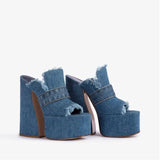 Platform Slippers Women Sexy Peep Toe Super-high Heel Sandals Large Size Fashion Designer Denim Fringe Women Mules