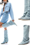 Boots Women 2023 New Fashion European Style Pointed Toe Denim Mid Calf Boots Causal Dress Street Fashion Boots
