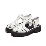 Platform Wedges Sandals Real Leather Mid Heel Shoes T-Strap Round Toe Female Footwear Buckle Sandals Summer Black