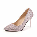 Women Wedding Shoes Silver Gold Dress Shoes Pointed Toe Thin Heels Woman Sequined Cloth High heels Glitter Pumps Boat