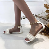 Women Sandals Summer Fashion Plus Size Mesh Pearl Decorative Shoes Rear Zipper Sandals Bohemia Casual Comfortable Beach