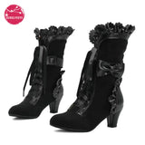 Winter Girls Lolita Faux Suede Mid-Calf Boots High Heel Ruffle Trim Japanese Princess Cosplay Party Shoes Vintage Sweet