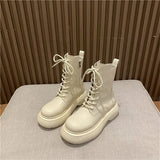 Women Shoes PU Leather Round Toe Flat Platform Ladies Boots Lace Up Zipper Boots Mid-Calf Boots Autumn Black Beige