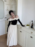 Sleeve Elegant Midi Dress Woman Casual Korean Fashion Evening Party Dress 2023 Autumn Patchwork Design Slim Vintage