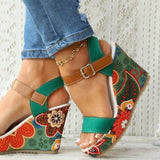 Dropship Platform Wedges Woman Sandals 2023 Summer New Women Floral Pattern Ankle Strap Sandals Fashion Green Wedge