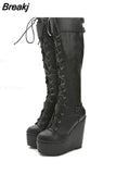 Design Gothic Style INS Hot Fashion Boots Women Shoes Black Wedges High Heels Buckles Platform Boots Female Plus Size